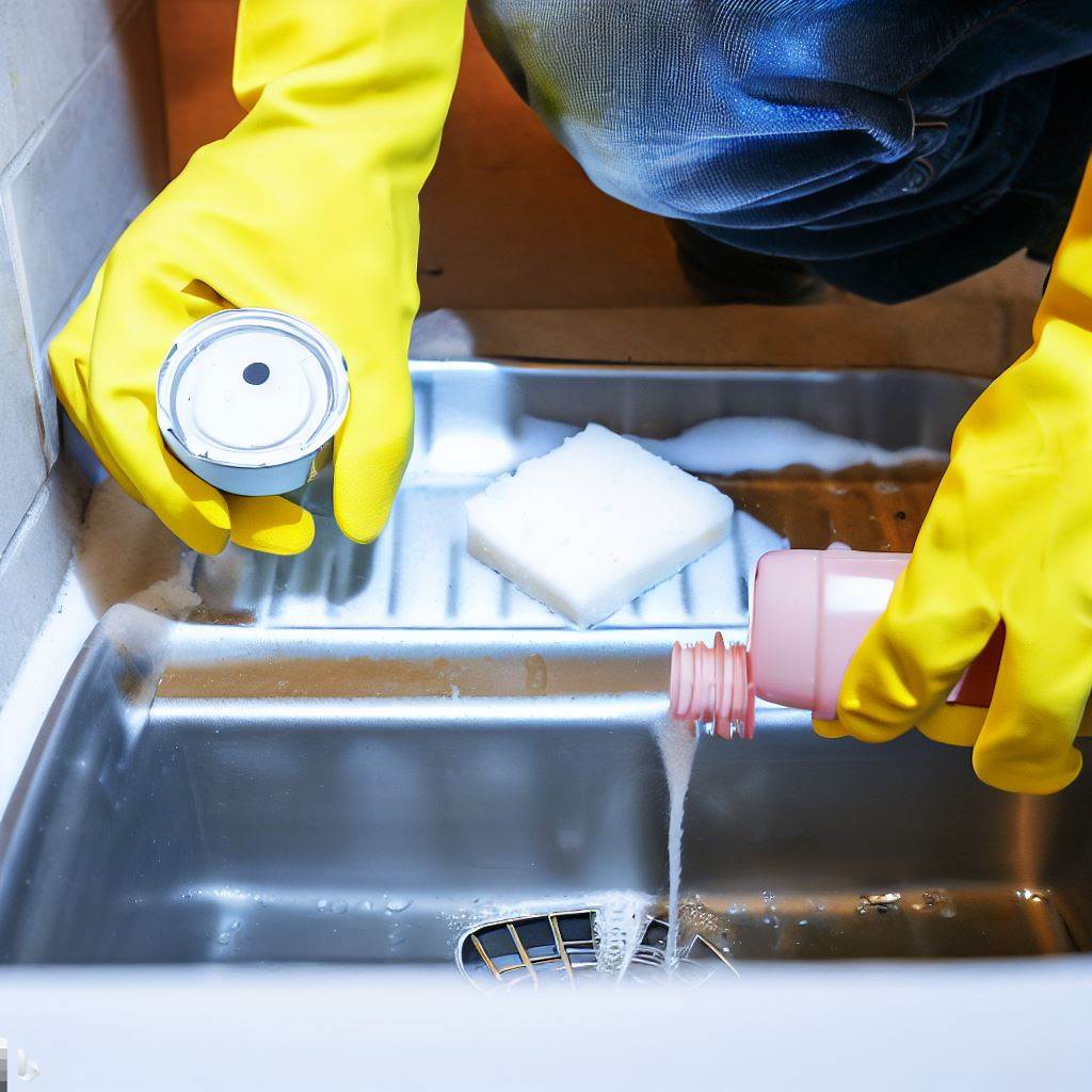 A shot of a person cleaning a drain with vinegar and baking soda, promoting proper drainage and preventing insect breeding