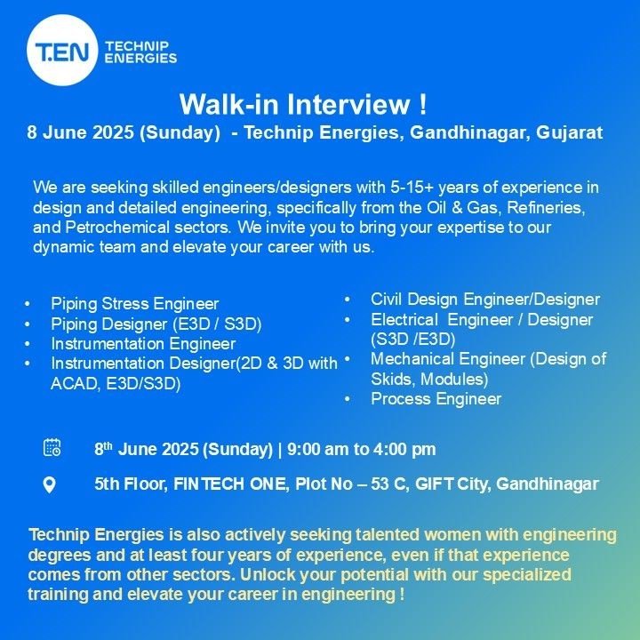 Technip Energies Walk-in Interview for Civil & Structural, Piping, Mechanical Engineers