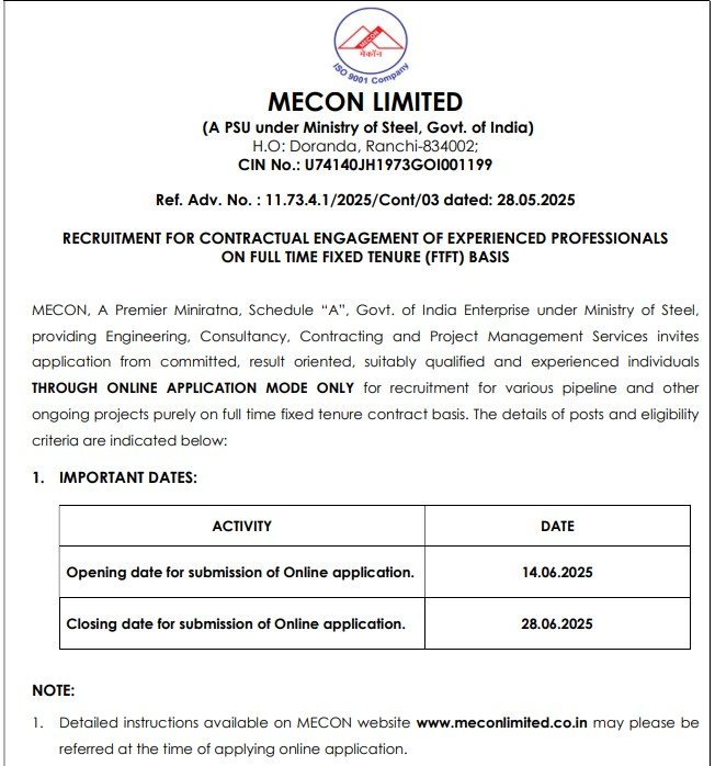 MECON Limited Recruitment 2025