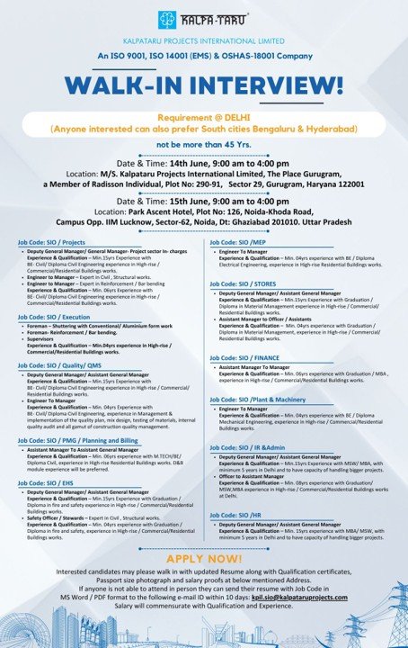 Kalpataru Walk-in Interview