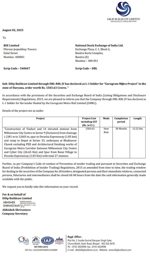 Dilip buildcon EPC Contract for Gurgaon Metro Cyber City Extention CC1