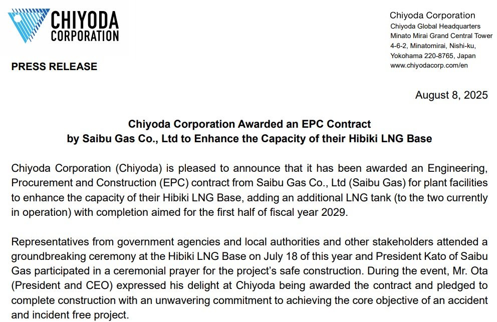 Chiyoda Wins EPC Contract to Expand Hibiki LNG Base in Japan