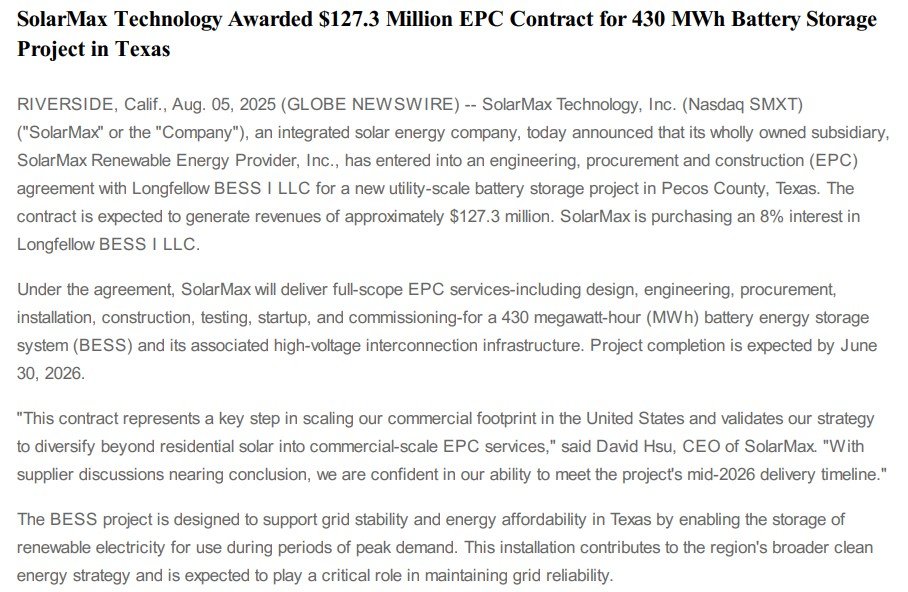 SolarMax Secures $127.3 Million EPC Contract for Utility-Scale Battery Storage Project in Texas
