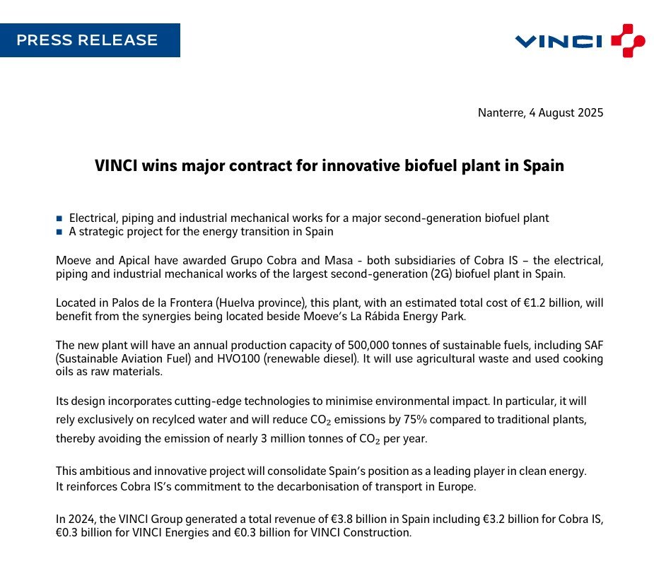 vinci wins major contract in spain for bio fuel
